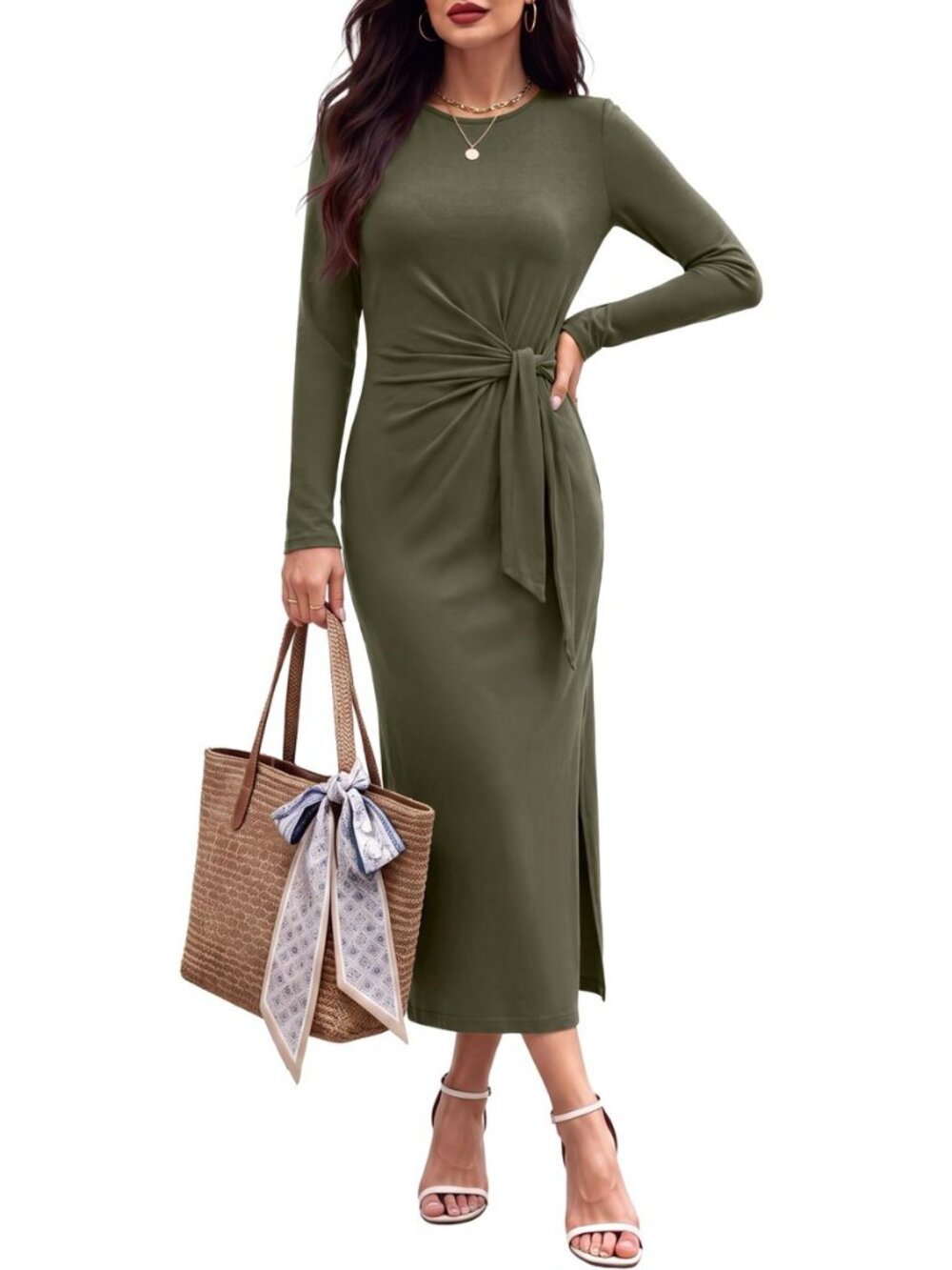 Women's Fall Long Sleeve Tie Waist Casual Maxi Dress
